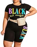 Black Plus Size 2 Piece Outfit Tracksuit Short Sleeve T Shirt Bodycon Shorts Jogger Set Rompers Sportswear Rainbow Letter Summer Outfits 2020 4X
