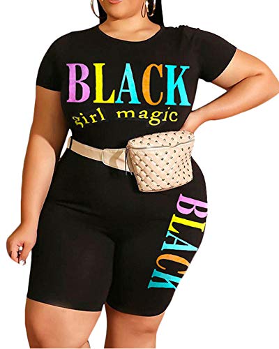 Black Plus Size 2 Piece Outfit Tracksuit Short Sleeve T Shirt Bodycon Shorts Jogger Set Rompers Sportswear Rainbow Letter Summer Outfits 2020 2X