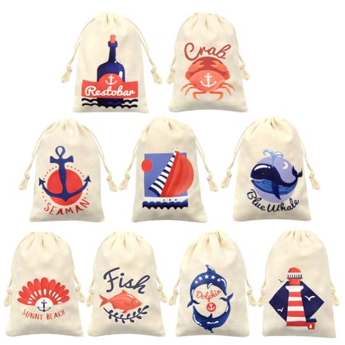 Boerni 9 Pack Nautical Gift Bags Cotton Nautical Anchors Boat Drawstring Bags Cruise Nautical Themed Birthday Party Favor for Baby Shower Wedding Hawaiian Summer Party Supplies