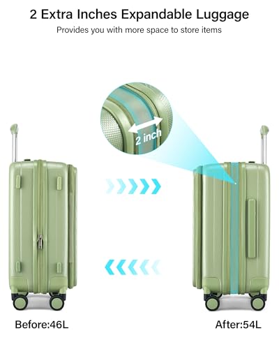 Image of Hanke 56cm Expandable Cabin Trolley Bag, 15.6 Inch Laptop Compartment, Top Opening Hard Shell Polycarbonate, 8 Durable Silent Spinner Wheels, Lightweight Carry On Suitcase for Women,Bamboo Green