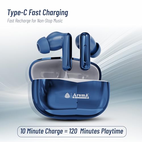 Image of AROMA TWS1 Pulse V5.4 True Wireless Earbuds, Shiny Blue | Bluetooth Headphones, Up to 60H Playtime, ENC, Fast Charging, Heavy Bass