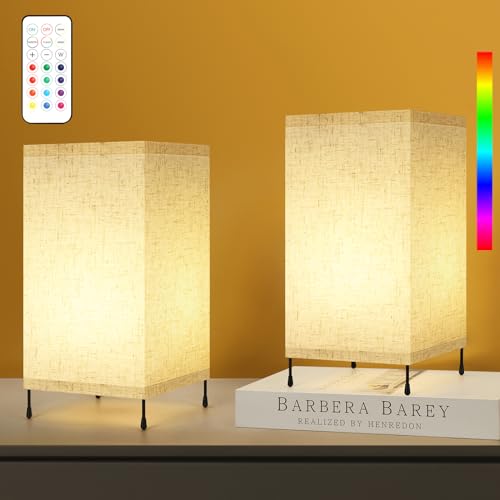ETELI Bedside Lamps Set of 2 Table Lamps for Bedroom Small LED Night Lights with Remote Control 13 Colors Minimalist Modern Desk Lamps with Fabric Linen Shade for Kids Room (Bulbs Included)