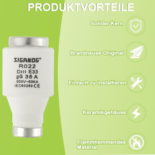 SIGANDG Neozed-Sicherungseinsätze, Ceramic DIII Sicherung gG-Typ 35A 500VAC, ür Kabel und Leitungsschutz, 5 Stück