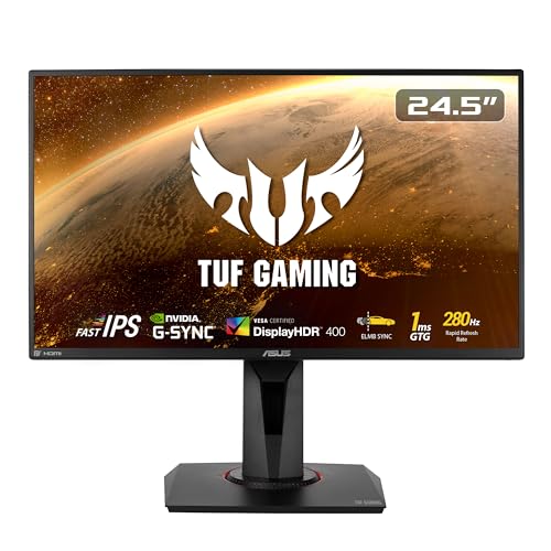ASUS TUF Gaming VG259QM 24.5” Monitor, 1080P Full HD (1920 x 1080), Fast IPS, 280Hz, G-SYNC Compatible, Extreme Low Motion Blur Sync,1ms, DisplayHDR 400, Eye Care, DisplayPort HDMI BLACK