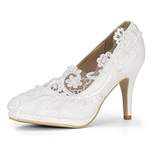Women’s High Heels for Wedding Clear Lace Pearls Closed Toe Solid Classics Pumps for Bride