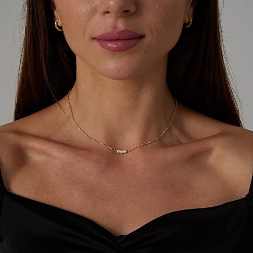 Venoco Dainty Pearl Necklaces For Women 14K Gold Plated Adjustable Three Pearl Chain Necklace Delicate Handmade Pearl Choker Necklaces Everyday Jewelry For Gifts #TOP1