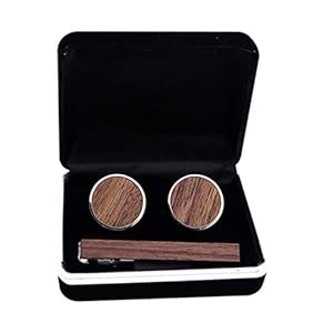 GALPADA Houten Manchetknopen en Tie Clip Set Mannen Hout Inlay Tie Clip Ronde Manchetknopen Met Cadeaubon Vader Cadeau Voor Formeel Zakelijk Huwelijksfeestje