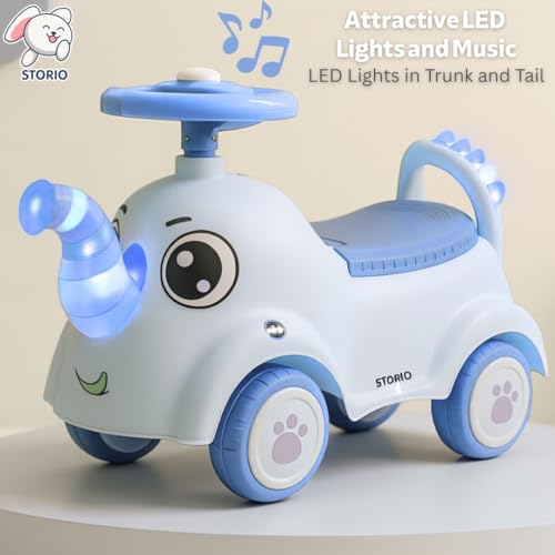 Image of Storio Elephant Baby Ride-On Car Toy with Light and Music - Sky Blue | Push Car for Kids with Backrest & Steering, 1-3 Years