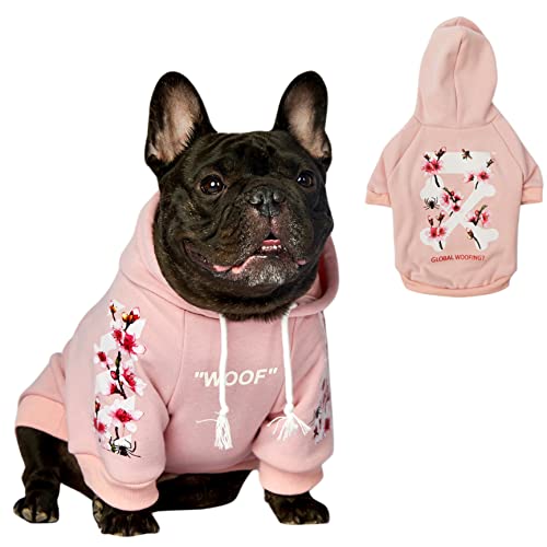 Chochocho Woof Dog Hoodie, Designer Dog Hoodies For Small Medium Large Breeds, Art Collection Dog Sweatshirts, Street Drawstring Hoodies Outfit Clothes For Puppy Puppies (S, Sakura/Pink) #TOP27