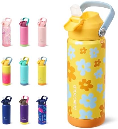 DLOCCOLD Kids Insulated Water Bottle with Leak Proof Straw Lid, Double Wall Vacuum Stainless Steel Water Bottle with Silicone Boot, Reusable Tumbler for Travel, Boys, Girls