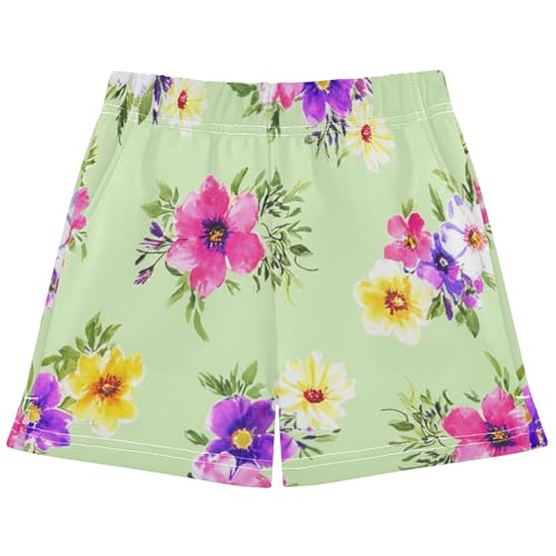 Girls Athletic Shorts Variety Watercolor Flowers Pink Floral Comfy Pajama Sleepwear Casual Summer Clothing, X-Small