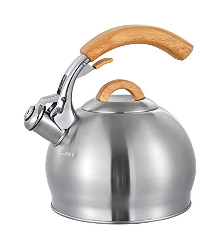 Stainless Tea Kettle ALDEN MAXWELL - Water Kettle For Stovetop - Real Wood Cool Handle Tea Pot For Stove Top - 3 Qt Whistling Water KettleÂ 