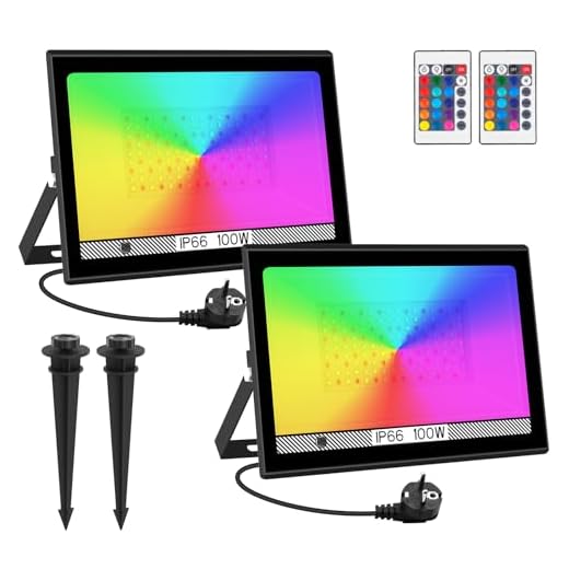 Projecteurs LED RGB T-SUN 100W 2PACKS Projecteurs Extérieur avec Télécommande, 16 couleurs 4 modes, IP66 étanche, Lampe Spot LED Couleur pour Noël Jardin Paysage