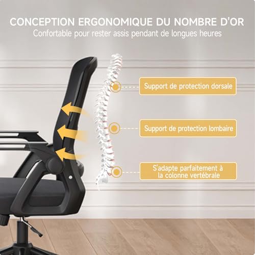 Chaise bureau ergonomique maille, accoudoirs pliables naspaluro