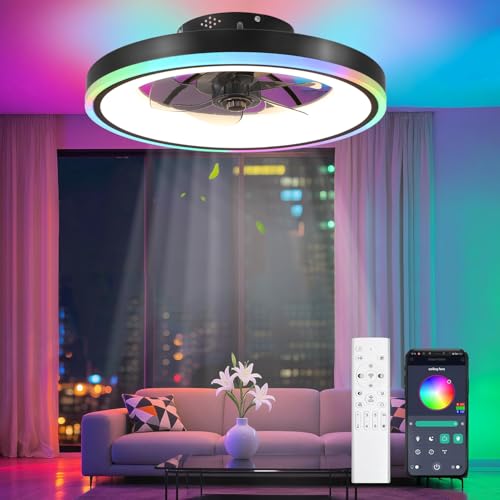 TJSC 50cm RGB Ventilateur Plafond, Silencieux Plafonnier Ventilateur avec Lumière et Télécommande, 6 Vitesses, Minuterie, 3000-6500K, 60W Dimmable LED Ventilateur de Plafond pour Chambre Salon, Noir