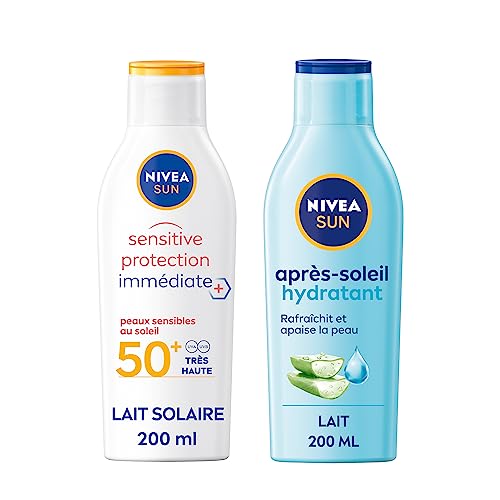 NIVEA SUN Routine Protection Hydratante, Routine solaire avec lait solaire pour peaux sensibles et après-soleil hydratant, Protection solaire spéciale peau sensible