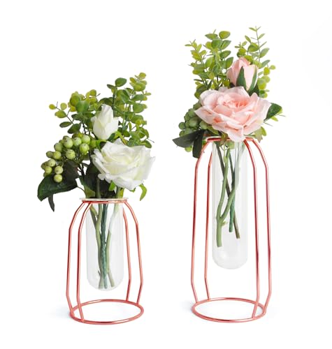 FSyueyun Rose Gold Flower Vase for Home Decor with Metal Rack, Gold Glass Vases for Centerpieces Bud Vases Planters for Home or Party Wedding Table Decor (Small & Large)