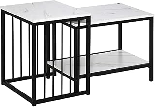 HOMCOM Modern Coffee Table Set of Two, Marble-Effect Nesting Side Tables with Steel Frame for Living Room, White and Black