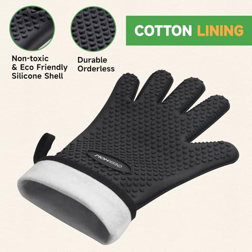 GEEKHOM Silicone Oven Gloves Heat Resistant BBQ Gloves with Cotton Lining for Kitchen Cooking, Baking & Grill Accessories, Waterproof Non-Slip Grill Mitts for Men Women, Dishwasher Safe