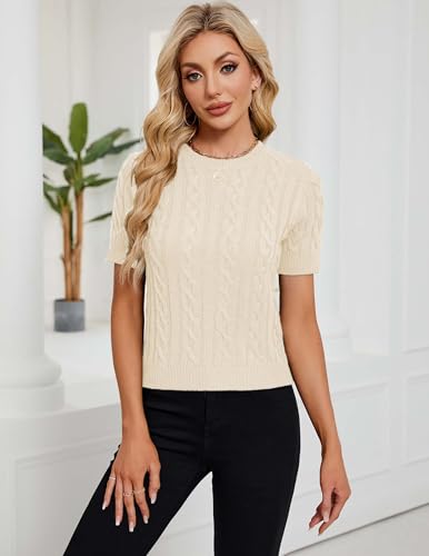 Image of Libsorge Womens Cropped Short Sleeve Sweater Fall 2025 Crewneck Sheer Knit Tops - Lightweight, Thin, Crop, Slim Fit