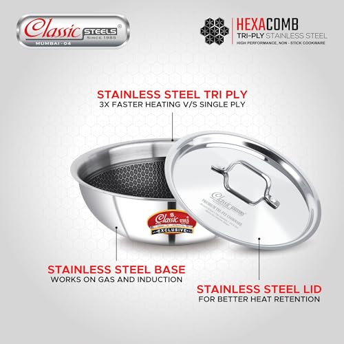 Image of Classic Steels Hexa Comb Triply Stainless Steel Tasla with Steel Lid - 3 LTR (26cm) | Induction & Gas Compatible | Durable, Rust-Free | Healthy Oil-Free Cooking | 2.5mm Thickness