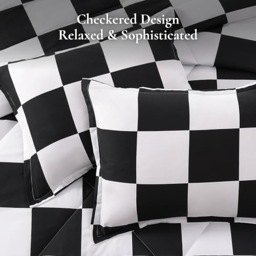 Image of Andency Checkered Comforter Queen(90x90Inch), Black White Plaid Gingham Bed Set for Teen Boys Kids, Lightweight Polyester Geometric Preppy Bedding, 3 Pieces