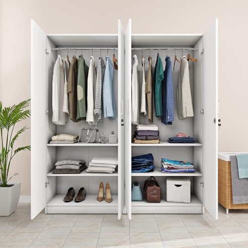 Image of VIKI Wardrobe | Wooden Almirah for 4 Door with Shelves & 2 Hanging Space Wardrobe (Frosty White - 40D x 160W x 180.8H) | 1 Year Warranty | Free Assembly