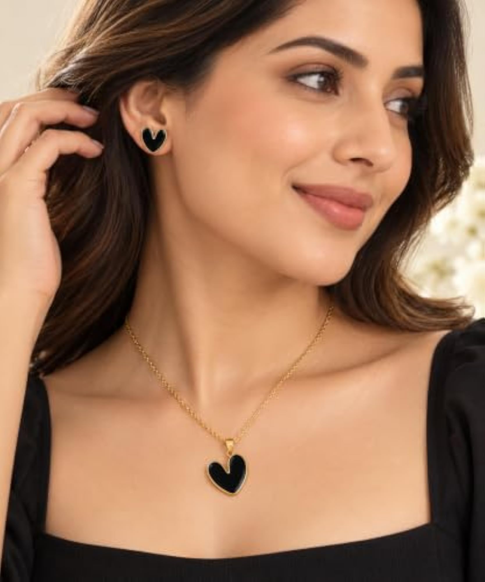Black Enamel Heart Pendant Necklace and Stud Earrings Set