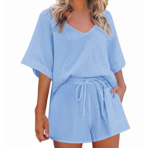 Costume léger en coton et lin pour femmes doté de poches et col en V respirant