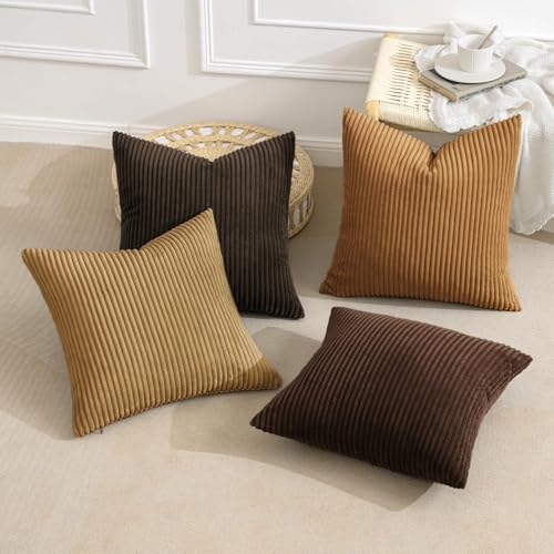 Image of MIULEE Boho Farmhouse Throw Pillow Covers 20x20 Inch Set of 4 Rustic Mordern Neutral Cushion Covers Soft Corduroy Nordic Home Decor for Couch Bed Sofa Living Room Camel Brown
