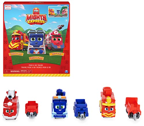 Mighty Express Push-and-Go Züge 3er Set - handbetriebene Züge mit Waggon zur beliebten TV-Serie, Roter Retter - Frachter Nick - Mechaniker Milo enthalten, ab 3 Jahren Cover
