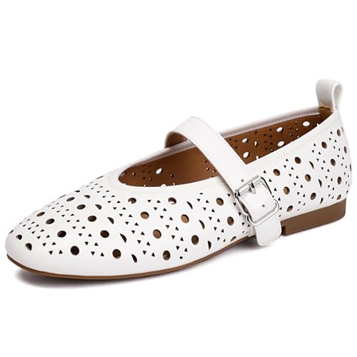 XIEDA Women's Genuine Leather Mary Janes Comfortable Cutout Ballet Flat Dress Shoes