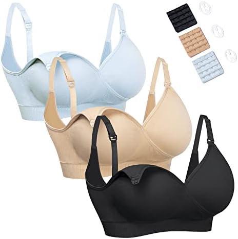 HOFISH Women's Maternity Pregnancy Seamless Breastfeeding Bras No Underwire, Beige Black Blue, Small