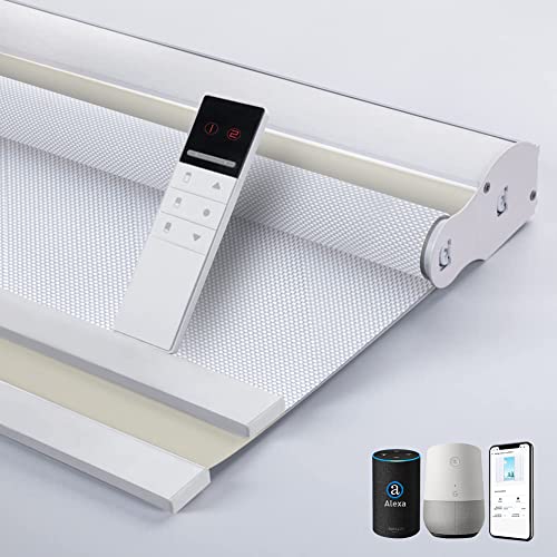 TIPIACE Tipiace Day and Night Dual Layers Motorized Roller Blinds Shades Rechargeable Motor Suitable for Home, Office, Hotel Windows (White+Beige Yellow 8018)