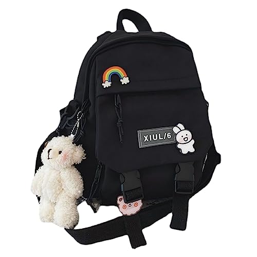 AlmondJoy Mini mochila estética linda mochila de lona casual viagem mochila cor sólida, Preto, Bag Badge Bear, Mochilas Daypack