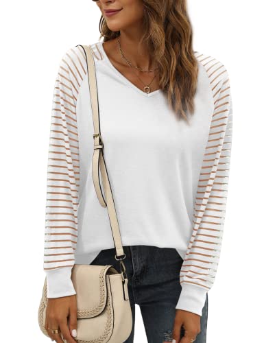 WEESO Womens Long Sleeve Tunic Tops Patchwork Sleeve Casual V Neck Loose Blouses Trendy 20232