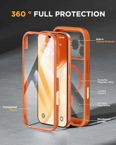 Image of Miracase for iPhone 17 Pro Max Case 6.9 inch Full-Body Phone Case with Built-in Glass Screen Protector& Full Camera Protector,[Magnetic with MagSafe] Drop Proof 17 ProMax Cover, Orange