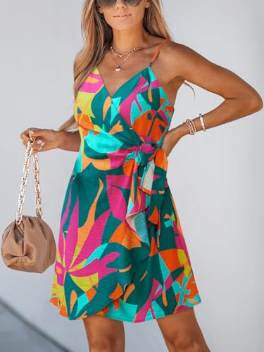 Image of CUPSHE Women Spaghetti Strap Summer Dress Surplice V Neck Wrap Waist Tie Casual Beach Sundress Holiday Vacation Mini Dress