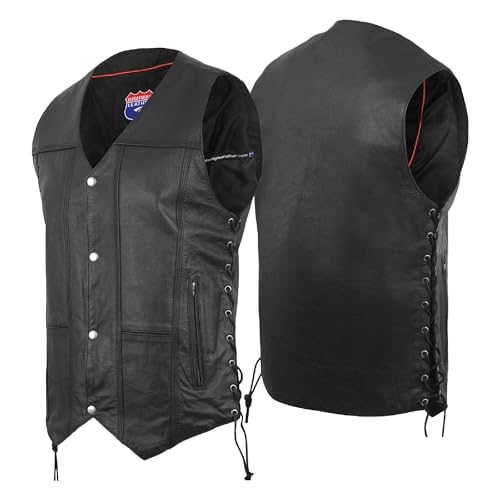 Mens Genuine Leather 7 Pockets Motorcycle Biker Vest ANARCHY Black SOA3