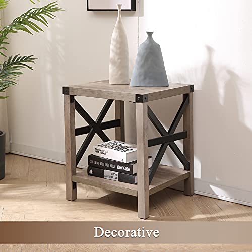 Lipo End Table, Small Side Table with Storage Shelf, Rustic Nightstand Farmhouse Industrial Modern Mid Century Wood Night Table for Living Room, Bedside, Sofa, Square/Grey (18"x18"x22") - Image 3