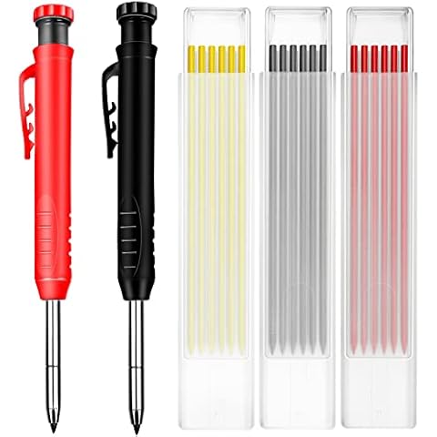 2 Pack Mechanical Carpenters Pencils Built-in Pencil Sharpener with 20 Refills(Black, Yellow, Red), Work Pencils for Builders Construction Pencils Deep Hole Marker Woodworking Tools Joiners Pencils Cover