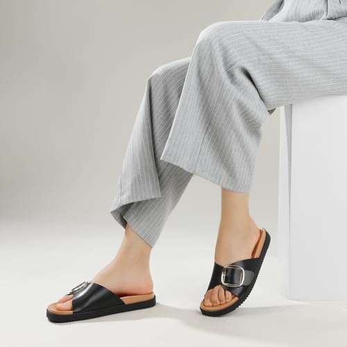Brown Black White Flat Sandals for Women 2025,Wide Width Leather Sandals for Women Comfortable Dressy,Womens Summer Beach Sandals with Adjustable Strap and Buckle4