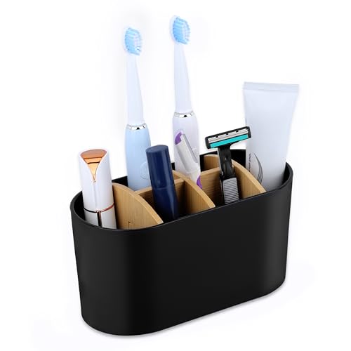 Belle Vous Organizer Bagno Portaspazzolino - con Divisori in Legno per Spazzolino Elettrico e Normale - per Testine e Dentifricio - Bicchiere Porta Spazzolini da Denti