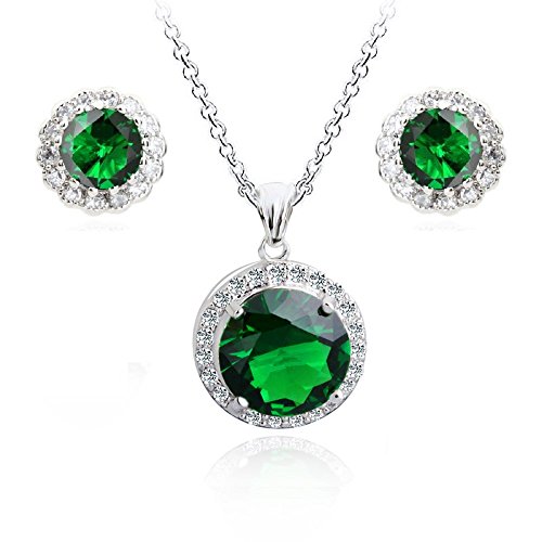 Preisvergleich Produktbild Crystalline Azuria Grüner simulierter Smaragd Zirkonia Kristalle Rund Schmuck-Set Halskette Anhänger 45 cm Ohrstecker Ohrringe 18 kt Weiß Vergoldet