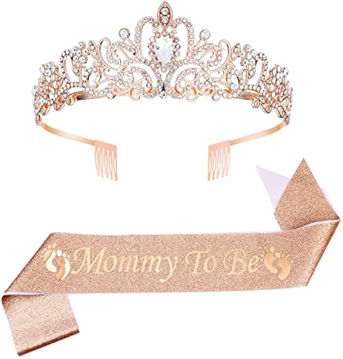 AIEX Mom to be Baby Shower Decorations, Mommy to be Crown Mother to be Sash Baby Shower Boy Mommy to be Sash and Tiara Set for Boys and Girls (Rose Gold)