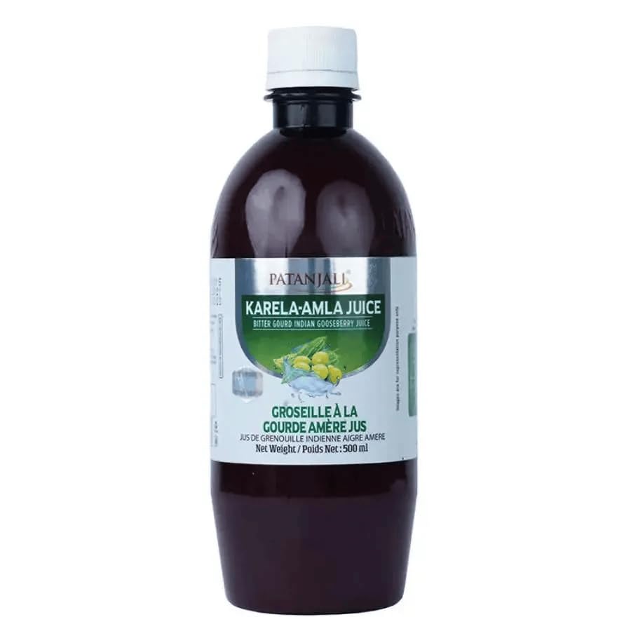 Patanjali Karela Amla Saft 500 ml Bittermelone Juice - Ayurveda Detox Verdauung Immunsystem | Blutzucker Unterstützung | Vitamin C Kräutersaft | Natürlich Indien mit Kajal Sticker