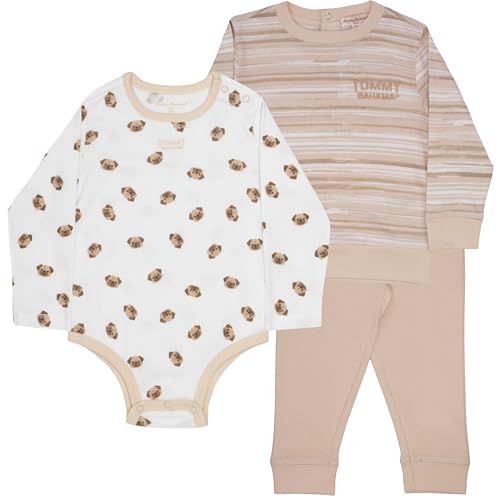 Tommy Bahama Baby Unisex 3-Piece 100% Cotton Set - Long Sleeve Shirt, Comfy Bodysuit Onesie, and Pants Bundle for Infants & Babies (Beige/Cream, Size 3/6M)