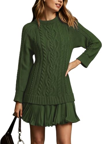 Bluetime Women's Patchwork Cable Knit Mini Dress Pleated Hem Loose Green L - image 1