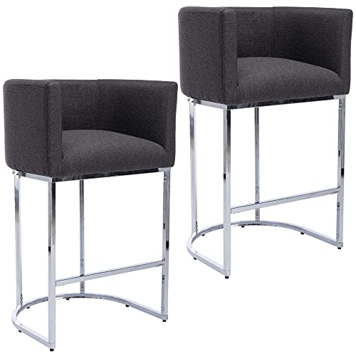 Rivova Contemporary Charcoal Linen Bar Stools Set Of 2, 29" Upholstered Fabric Counter Height Barstools Kitchen Counter Island Stools With Screwed Together Chrome Finish Base #TOP2