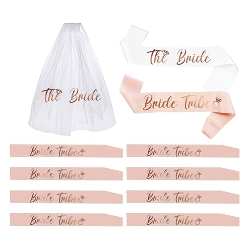 LADY&HOME Bachelorette Party Sash Set-1 Bachelorette Veil,1 Bride Sash and 9 Bride Tirbe Sashes, Bachelorette Party Decorations Bridal Shower Favors & Supplies(Champagne,11pcs)